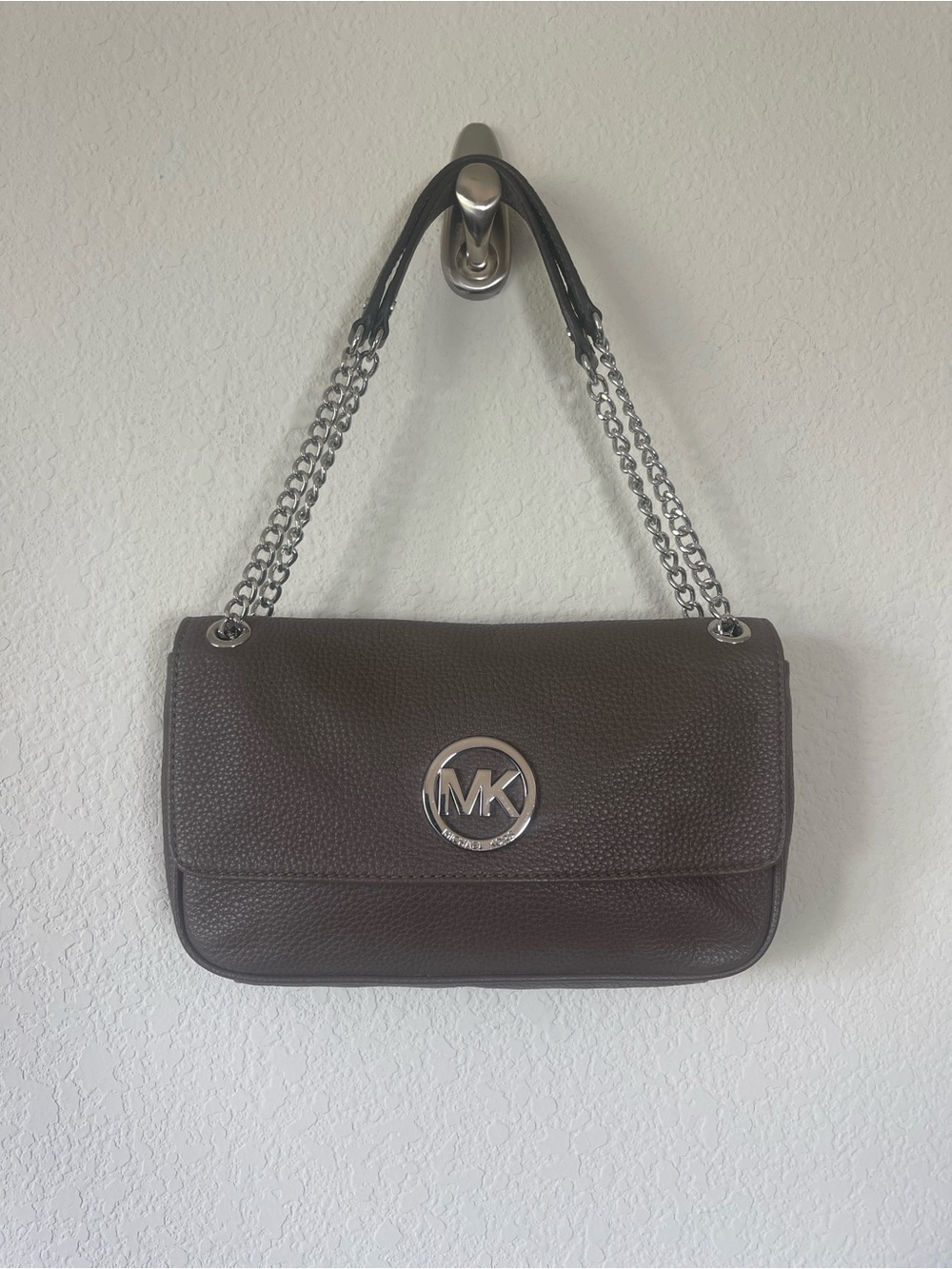 Michael Kors Fulton Small Shoulder Flap Bag - Dark Taupe Pebbled Leather Bag
